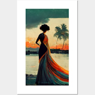 Elegant woman and sunset on Caribbean Posters and Art